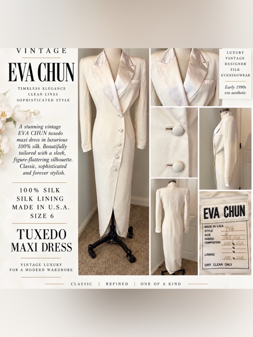 Cream Tuxedo Maxi Dress - Vintage Silk Eva Chun. Vintage rare.